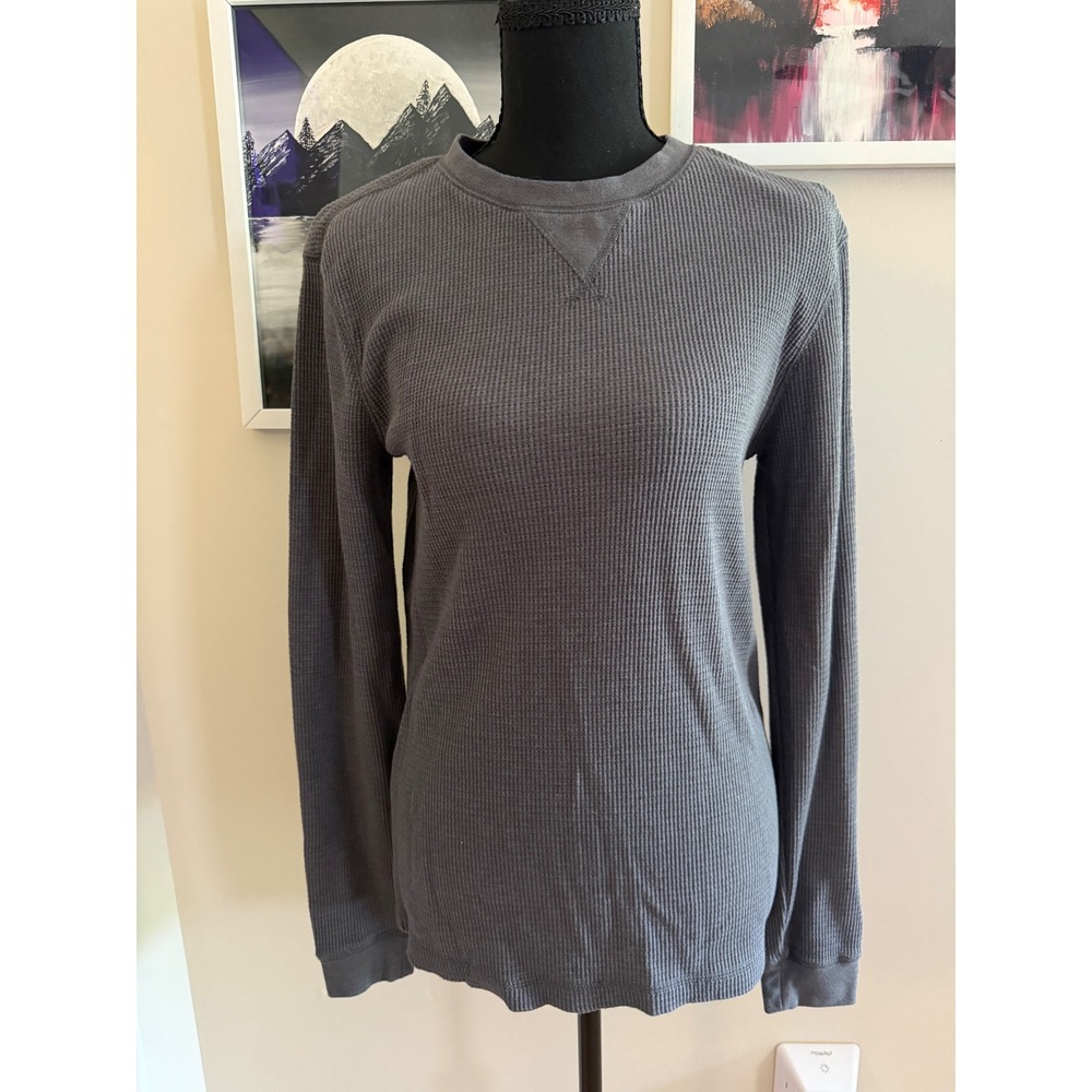 George Mens Charcoal Gray Waffle Knit Thermal Long Sleeve Crewneck Shirt Size S